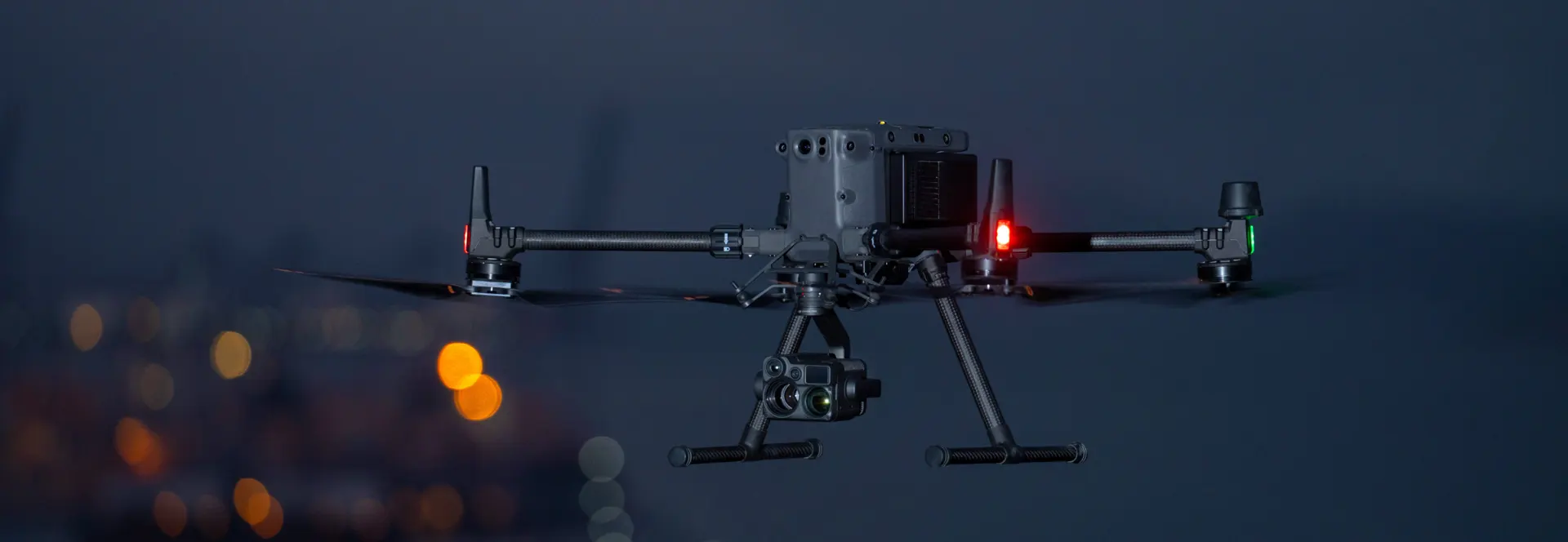 Security drone flying over cityscape